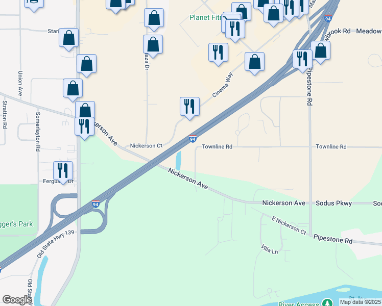 map of restaurants, bars, coffee shops, grocery stores, and more near 2518 Woodley Drive in Benton Harbor