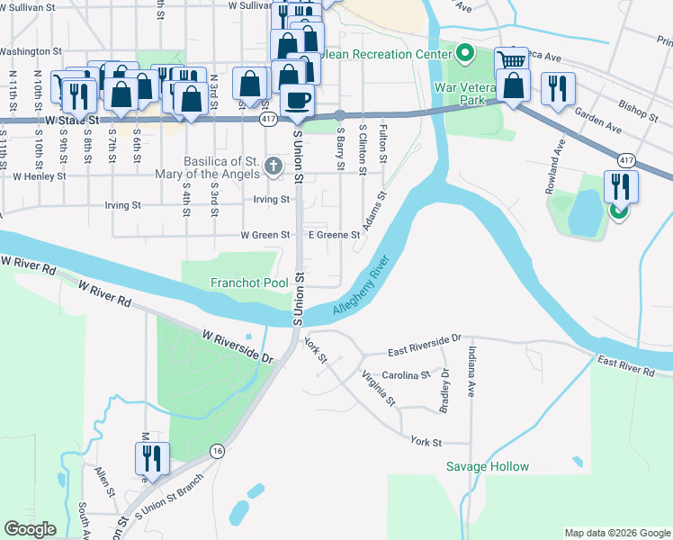 map of restaurants, bars, coffee shops, grocery stores, and more near 326 South Barry Street in Olean