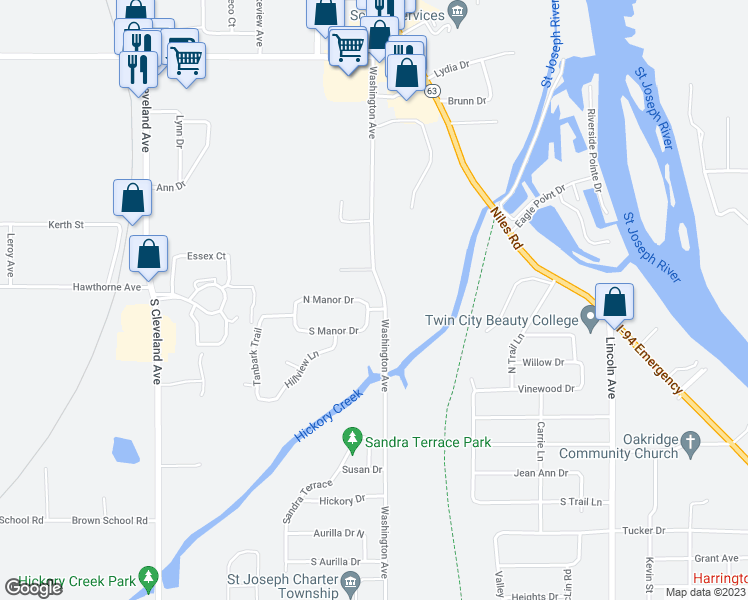 map of restaurants, bars, coffee shops, grocery stores, and more near 1321 North Manor Drive in St. Joseph