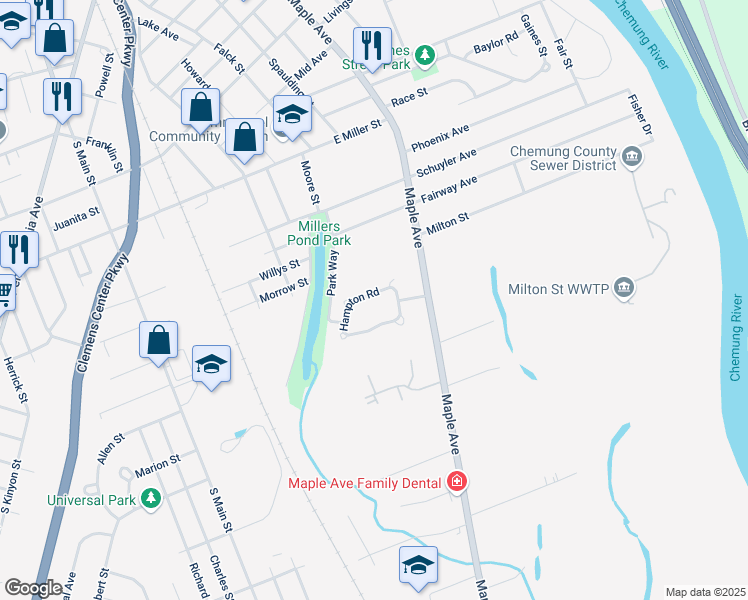 map of restaurants, bars, coffee shops, grocery stores, and more near 86 Hampton Road in Elmira