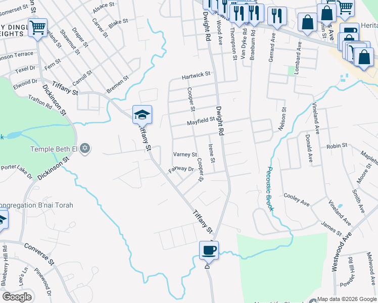 map of restaurants, bars, coffee shops, grocery stores, and more near 36 Varney Street in Springfield