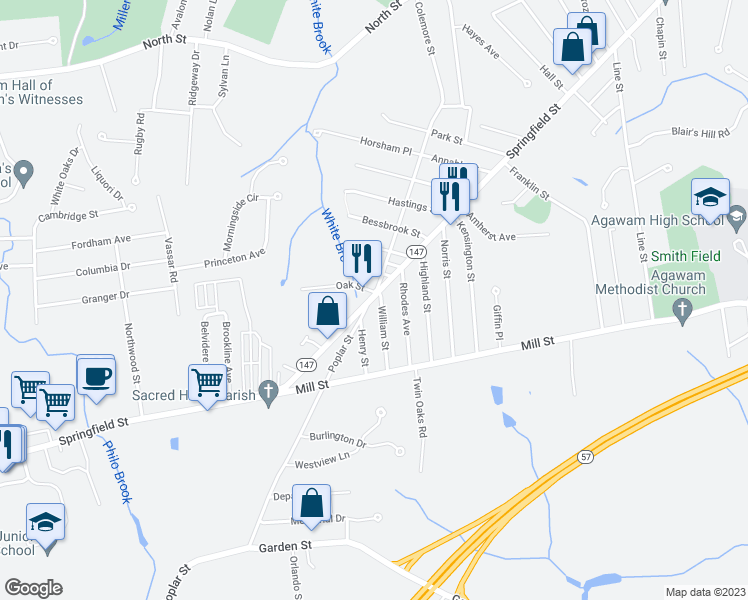 map of restaurants, bars, coffee shops, grocery stores, and more near 6 William Street in Agawam