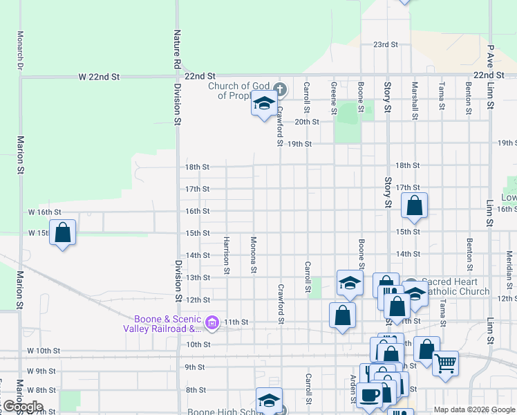 map of restaurants, bars, coffee shops, grocery stores, and more near 403 16th Street in Boone