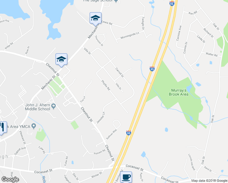 map of restaurants, bars, coffee shops, grocery stores, and more near 18 Phyllis Road in Foxborough
