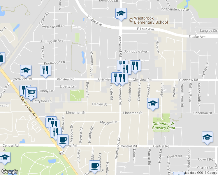 map of restaurants, bars, coffee shops, grocery stores, and more near 910 Elmdale Road in Glenview