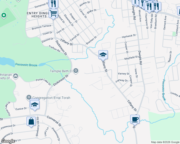 map of restaurants, bars, coffee shops, grocery stores, and more near 79 Brentwood Street in Springfield