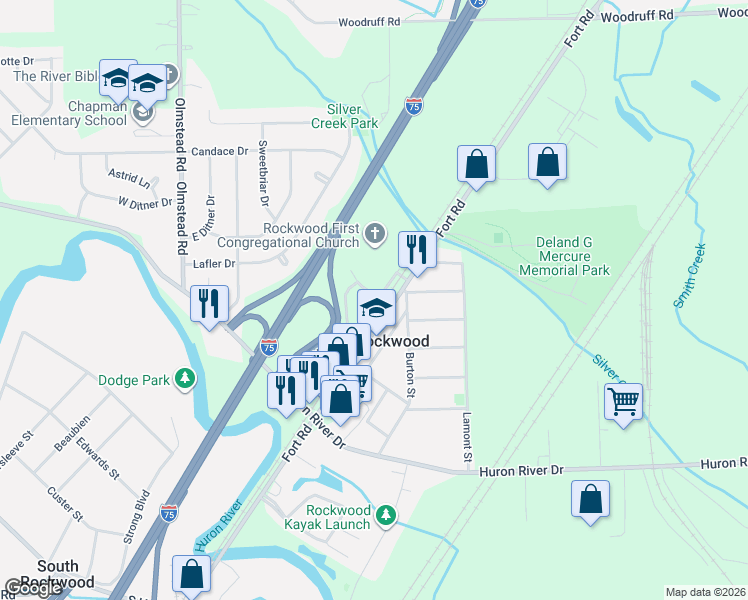 map of restaurants, bars, coffee shops, grocery stores, and more near 22407 Mather Street in Rockwood