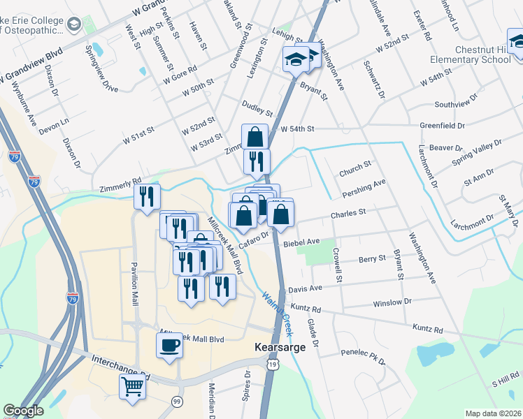 map of restaurants, bars, coffee shops, grocery stores, and more near 5618 Peach Street in Erie