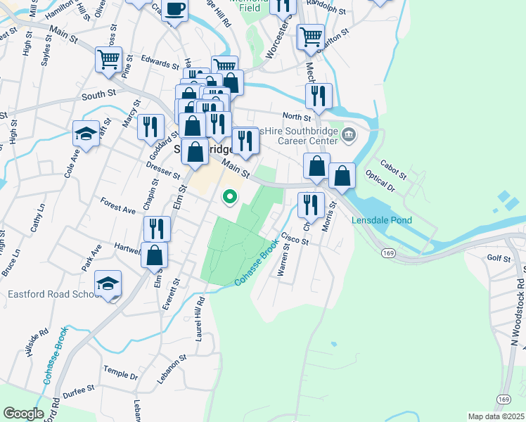map of restaurants, bars, coffee shops, grocery stores, and more near 113 Massachusetts 131 in Southbridge