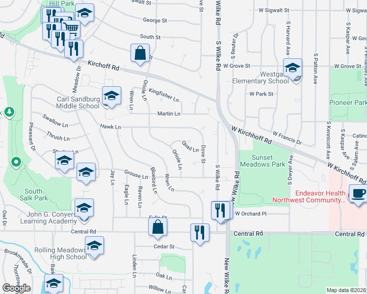 map of restaurants, bars, coffee shops, grocery stores, and more near 2115 Quail Lane in Rolling Meadows