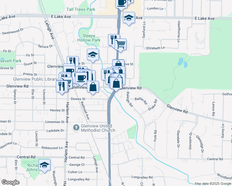 map of restaurants, bars, coffee shops, grocery stores, and more near 967 Waukegan Road in Glenview