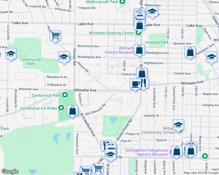 map of restaurants, bars, coffee shops, grocery stores, and more near in Wilmette
