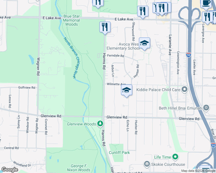 map of restaurants, bars, coffee shops, grocery stores, and more near 933 Harms Road in Glenview