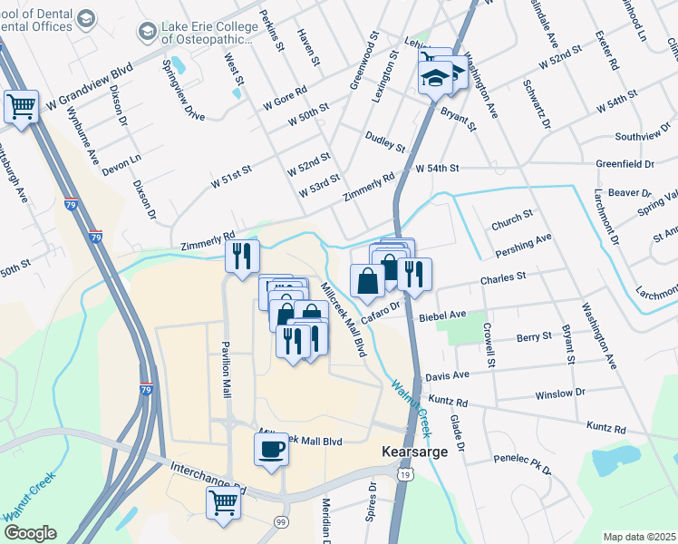 map of restaurants, bars, coffee shops, grocery stores, and more near in Erie