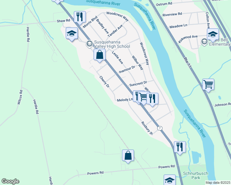 map of restaurants, bars, coffee shops, grocery stores, and more near 14 South Cherry Drive in Conklin