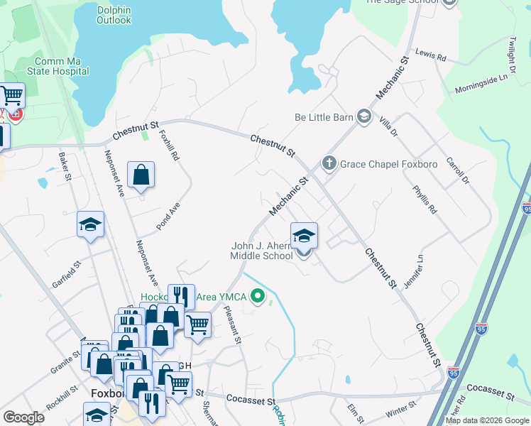 map of restaurants, bars, coffee shops, grocery stores, and more near 88 Mechanic Street in Foxborough