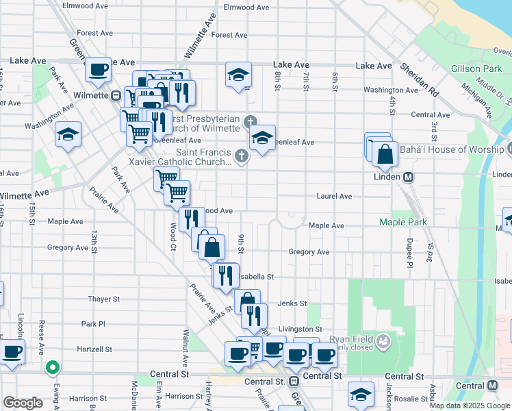 map of restaurants, bars, coffee shops, grocery stores, and more near 824 Oakwood Avenue in Wilmette