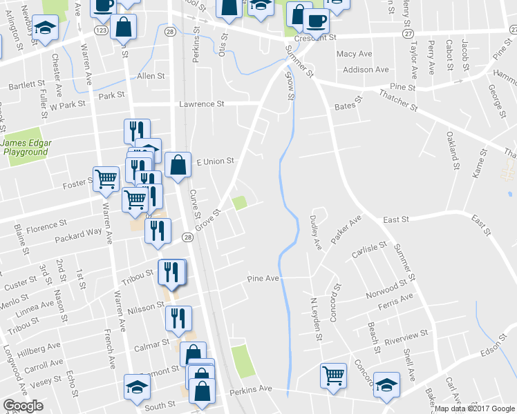 map of restaurants, bars, coffee shops, grocery stores, and more near 21 Thornell Street in Brockton