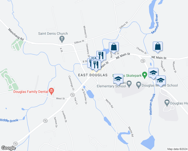 map of restaurants, bars, coffee shops, grocery stores, and more near 17 Pleasant Street in Douglas