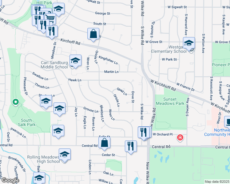 map of restaurants, bars, coffee shops, grocery stores, and more near 2203 Quail Lane in Rolling Meadows