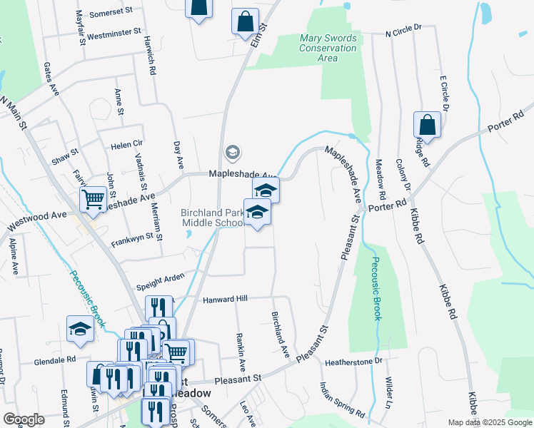 map of restaurants, bars, coffee shops, grocery stores, and more near 175 Mapleshade Avenue in East Longmeadow