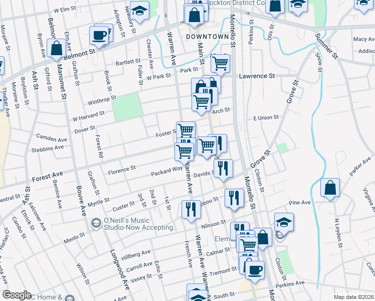 map of restaurants, bars, coffee shops, grocery stores, and more near 40 Florence Street in Brockton