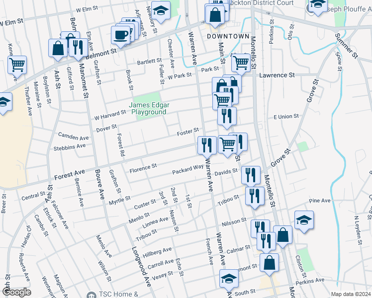 map of restaurants, bars, coffee shops, grocery stores, and more near 90 Forest Avenue in Brockton