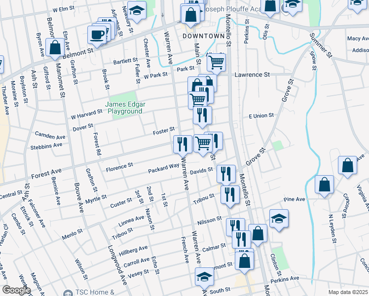map of restaurants, bars, coffee shops, grocery stores, and more near 40 Florence Street in Brockton