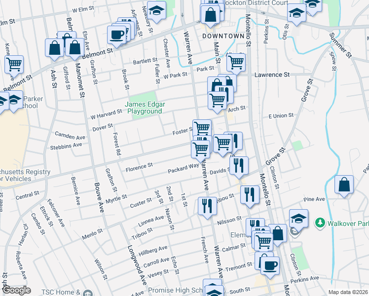map of restaurants, bars, coffee shops, grocery stores, and more near 38 Track Street in Brockton
