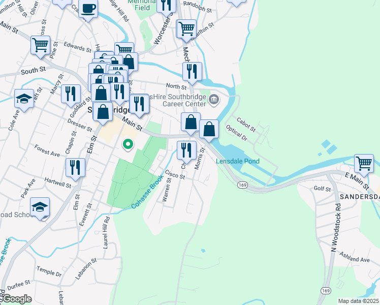 map of restaurants, bars, coffee shops, grocery stores, and more near 41 Chestnut Street in Southbridge