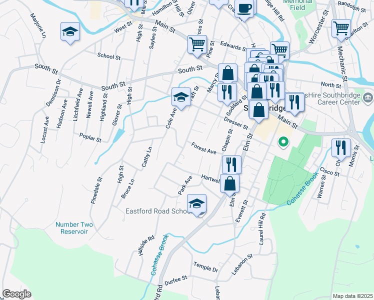 map of restaurants, bars, coffee shops, grocery stores, and more near 263 Marcy Street in Southbridge