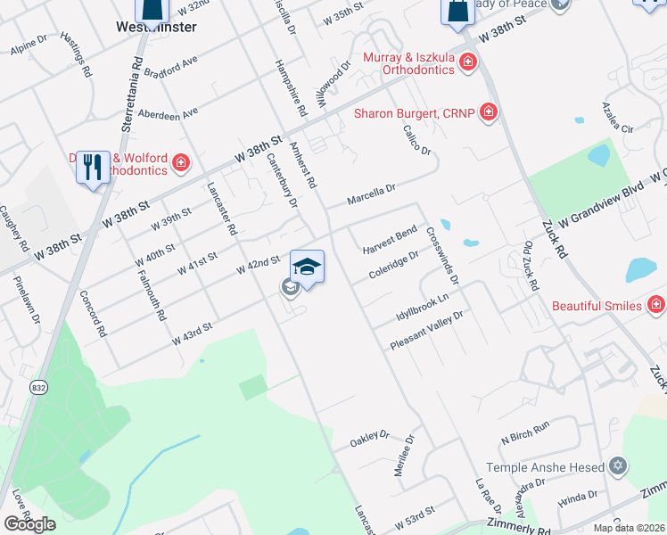 map of restaurants, bars, coffee shops, grocery stores, and more near 4301 Lancaster Road in Erie