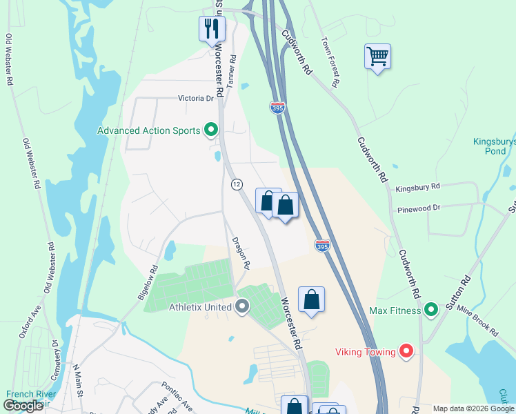 map of restaurants, bars, coffee shops, grocery stores, and more near 88 Worcester Road in Webster