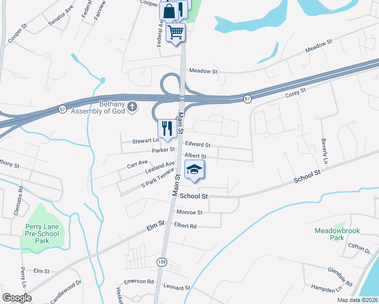 map of restaurants, bars, coffee shops, grocery stores, and more near 11 Albert Street in Agawam