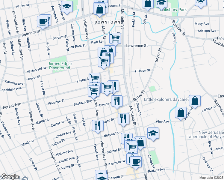 map of restaurants, bars, coffee shops, grocery stores, and more near 647 Main Street in Brockton