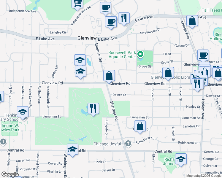 map of restaurants, bars, coffee shops, grocery stores, and more near 2372 Dewes Street in Glenview
