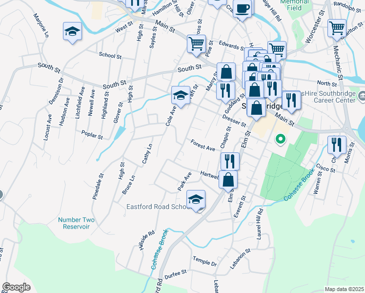 map of restaurants, bars, coffee shops, grocery stores, and more near 263 Marcy Street in Southbridge