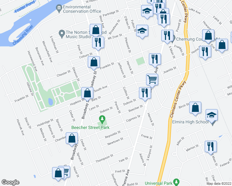 map of restaurants, bars, coffee shops, grocery stores, and more near 413 Baty Street in Elmira