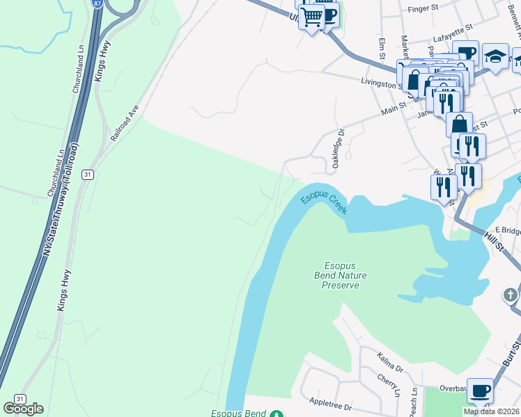 map of restaurants, bars, coffee shops, grocery stores, and more near 36 Finger Hill Road in Saugerties