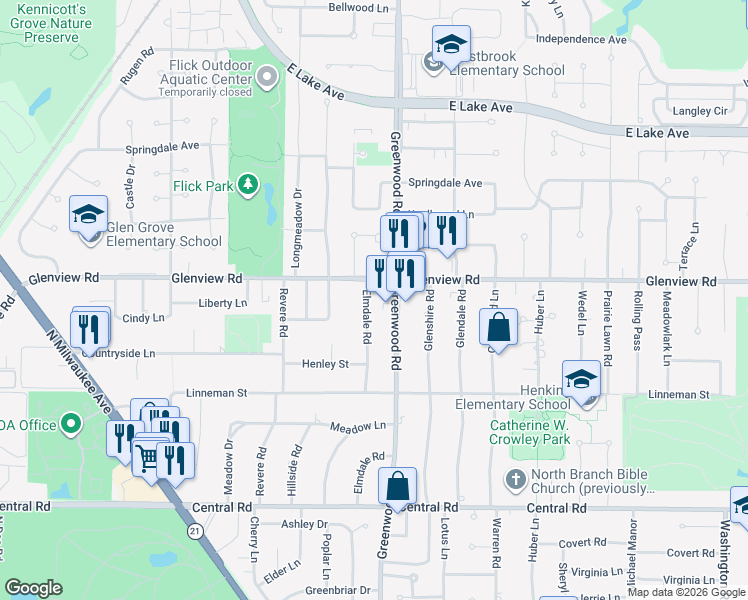 map of restaurants, bars, coffee shops, grocery stores, and more near 908 Greenwood Road in Glenview