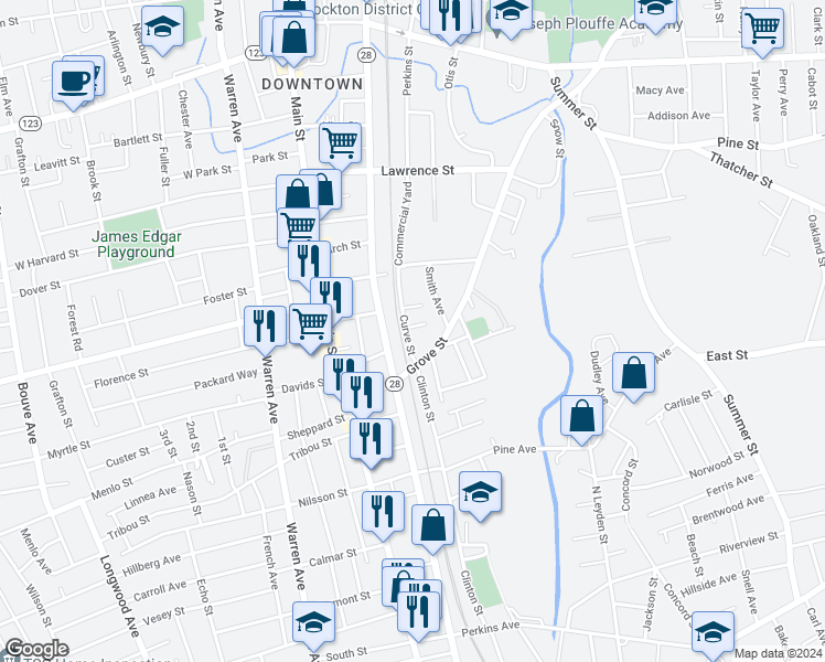 map of restaurants, bars, coffee shops, grocery stores, and more near 674 Montello Street in Brockton