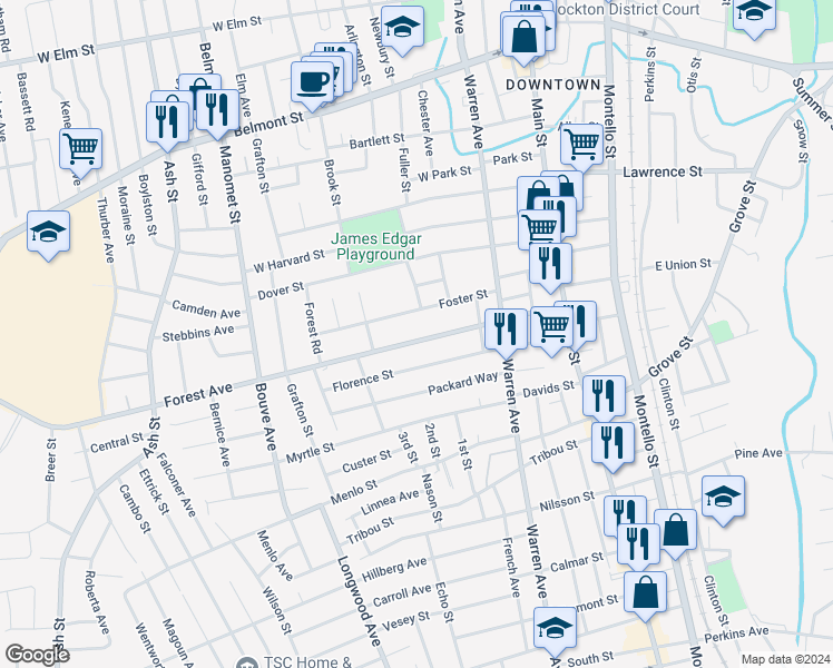 map of restaurants, bars, coffee shops, grocery stores, and more near 138 Forest Avenue in Brockton
