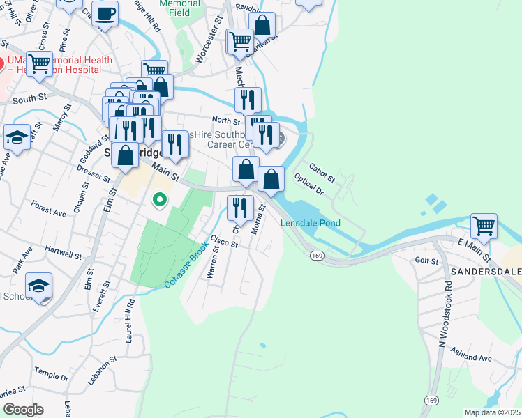 map of restaurants, bars, coffee shops, grocery stores, and more near 25 Morris Street in Southbridge
