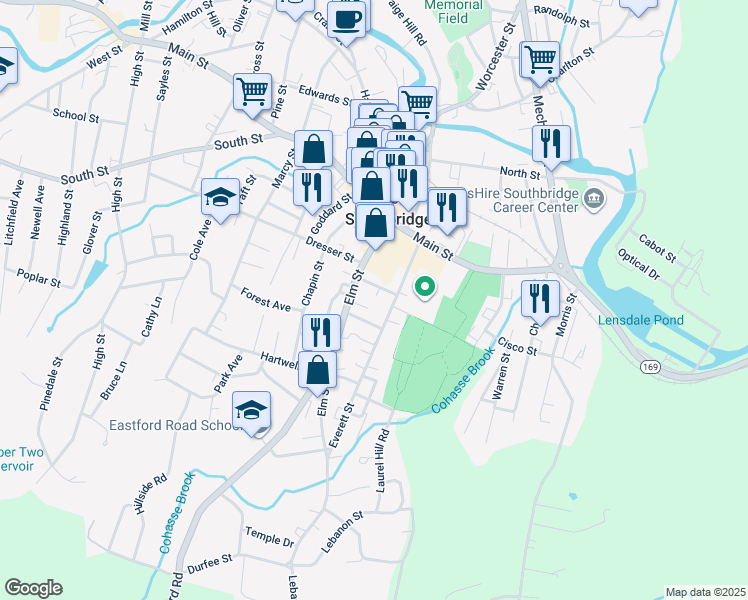 map of restaurants, bars, coffee shops, grocery stores, and more near 29 Summer Street in Southbridge