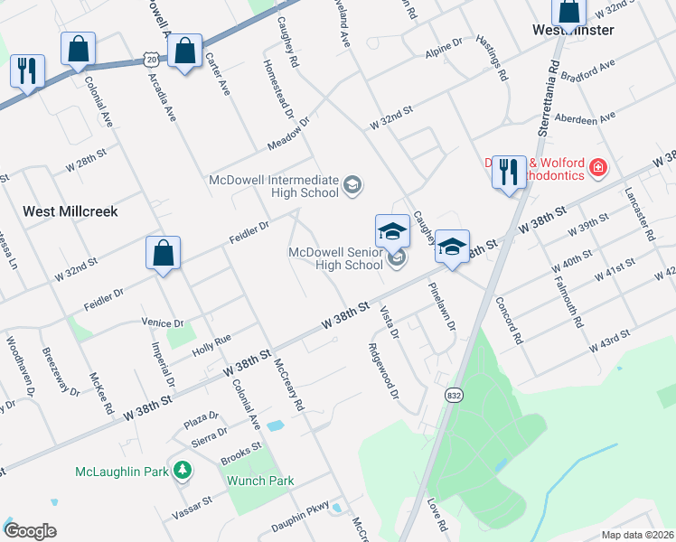 map of restaurants, bars, coffee shops, grocery stores, and more near 3610 Scarboro Rd in Erie
