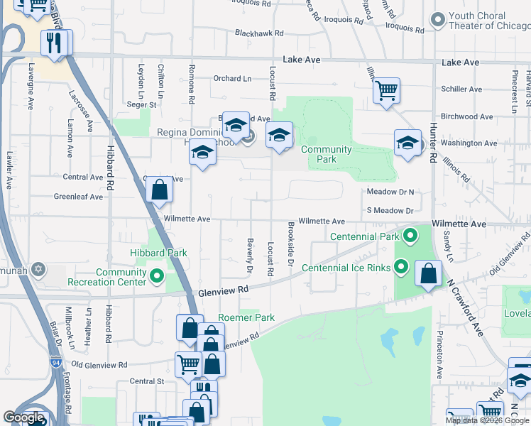 map of restaurants, bars, coffee shops, grocery stores, and more near in Wilmette