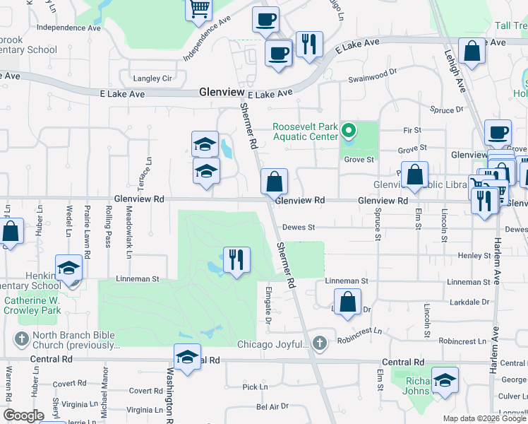 map of restaurants, bars, coffee shops, grocery stores, and more near in Glenview