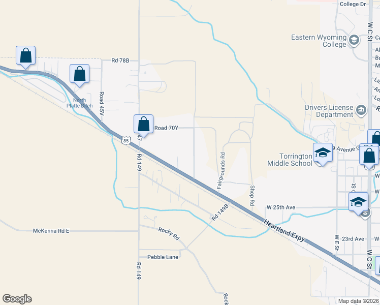 map of restaurants, bars, coffee shops, grocery stores, and more near 7075 Road 92 in Torrington