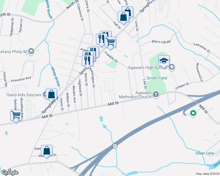 map of restaurants, bars, coffee shops, grocery stores, and more near 586 Mill Street in Agawam