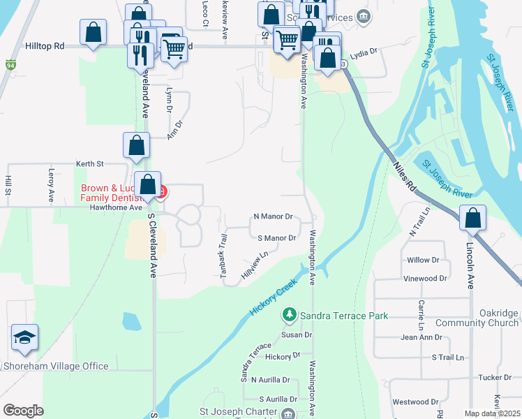 map of restaurants, bars, coffee shops, grocery stores, and more near 1448 North Manor Drive in St. Joseph